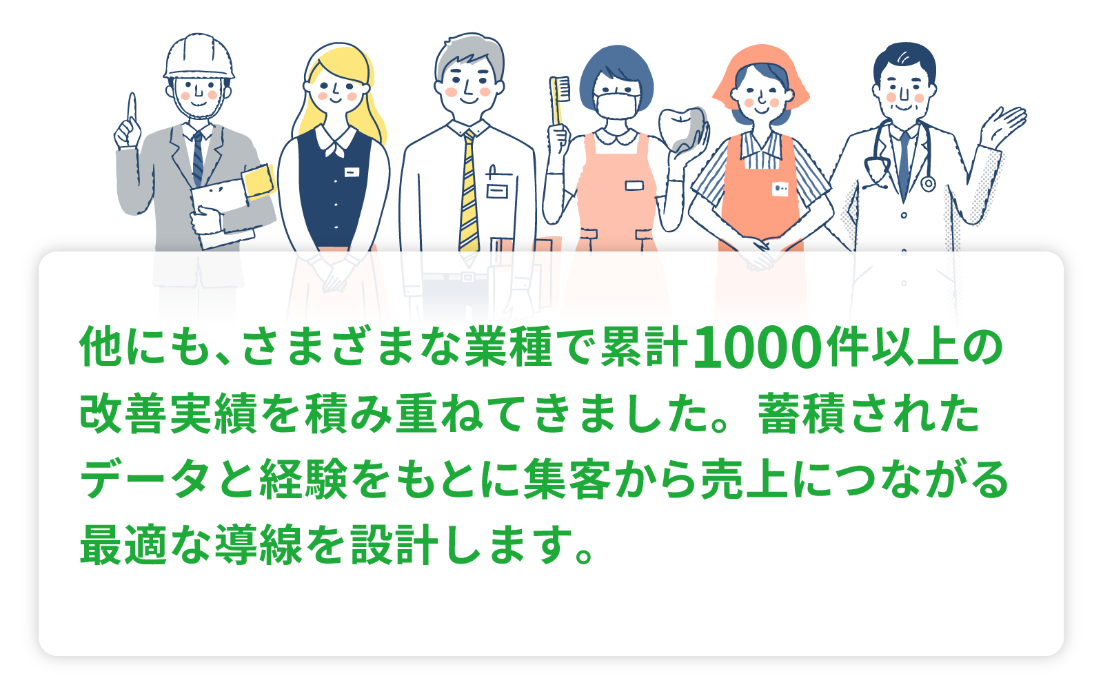 他にも、さまざまな業種で累計1000件以上の改善実績を積み重ねてきました。蓄積されたデータと経験をもとに集客から売上につながる最適な導線を設計します。